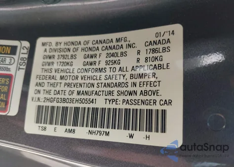 2014 Honda Civic Ex-L из США, поврежденный, VIN 2HGFG3B03EH505541